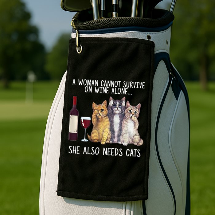 A Woman Cannot Survive On Wine Alone She Also Needs Cat Golf Towel