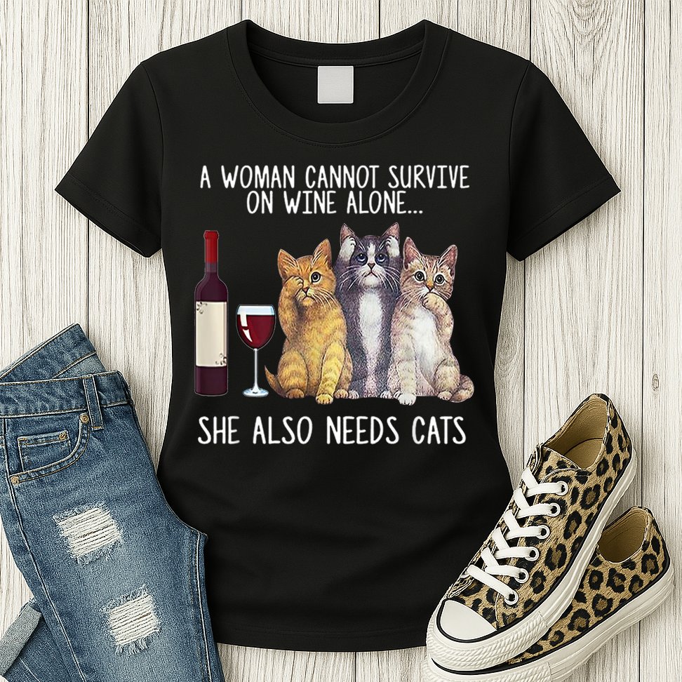 A Woman Cannot Survive On Wine Alone She Also Needs Cat Womens T-Shirt