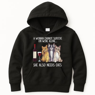 A Woman Cannot Survive On Wine Alone She Also Needs Cat Kids Hoodie
