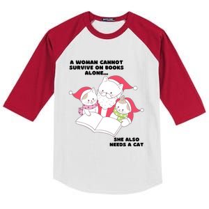 A Woman Cannot Survive On Books Alone She Also Needs A Cat Kids Colorblock Raglan Jersey