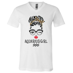 Aquarius Wink Eye Woman Face Wink Eyes Lady Birthday V-Neck T-Shirt