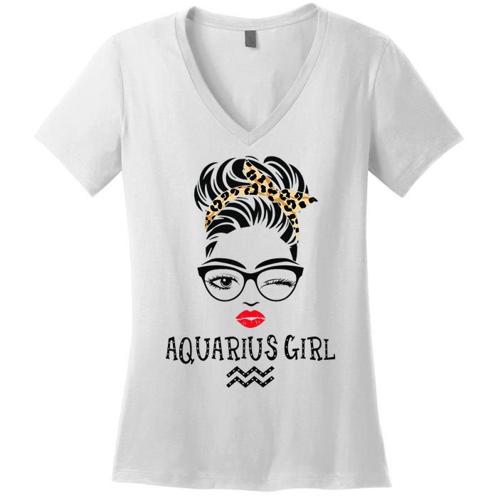 Aquarius Wink Eye Woman Face Wink Eyes Lady Birthday Women's V-Neck T-Shirt