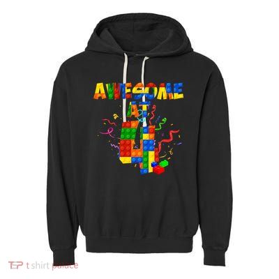 Awesome At 4 Cute Birthday Building Blocks Garment-Dyed Fleece Hoodie