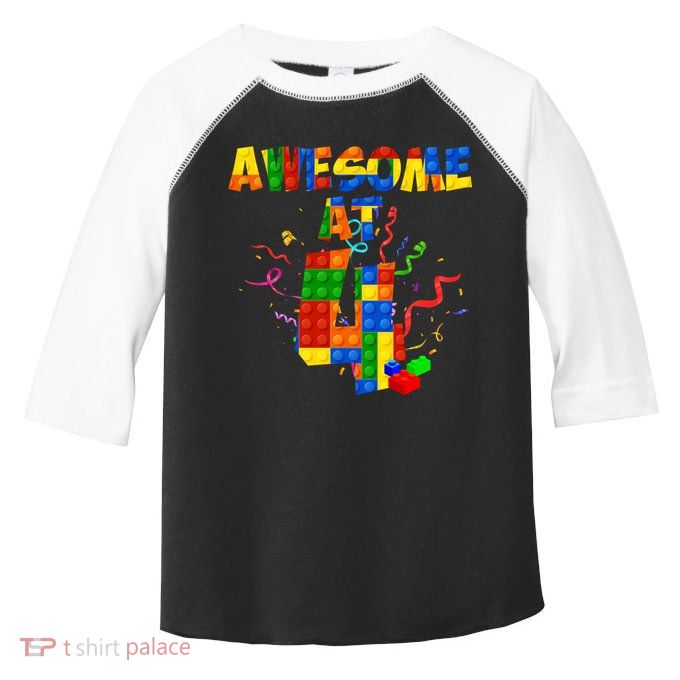 Awesome At 4 Cute Birthday Building Blocks Toddler Fine Jersey T-Shirt