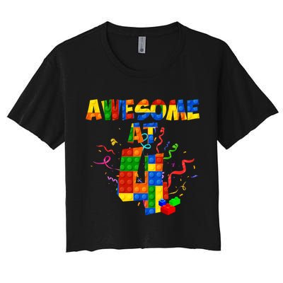 Awesome At 4 Cute Birthday Building Blocks Crop Top