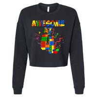 Awesome At 4 Cute Birthday Building Blocks Cropped Pullover Crew