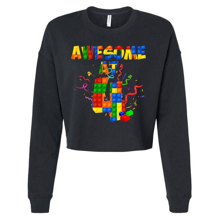 Awesome At 4 Cute Birthday Building Blocks Cropped Pullover Crew