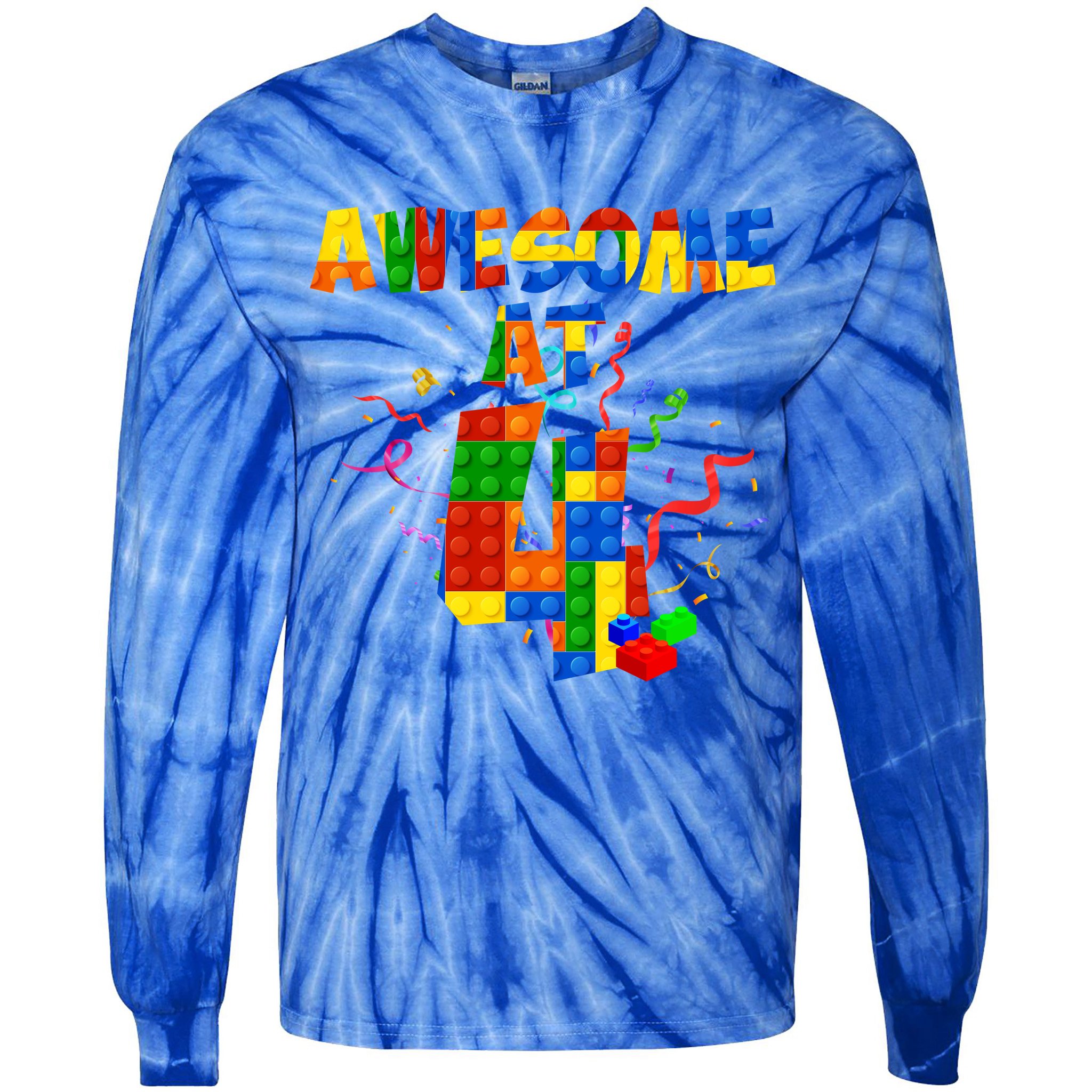 Awesome At 4 Cute Birthday Building Blocks Tie-Dye Long Sleeve Shirt