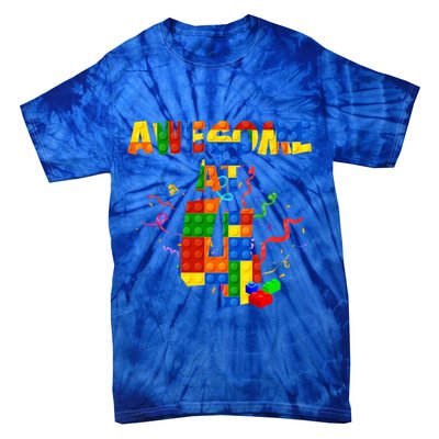 Awesome At 4 Cute Birthday Building Blocks Tie-Dye T-Shirt