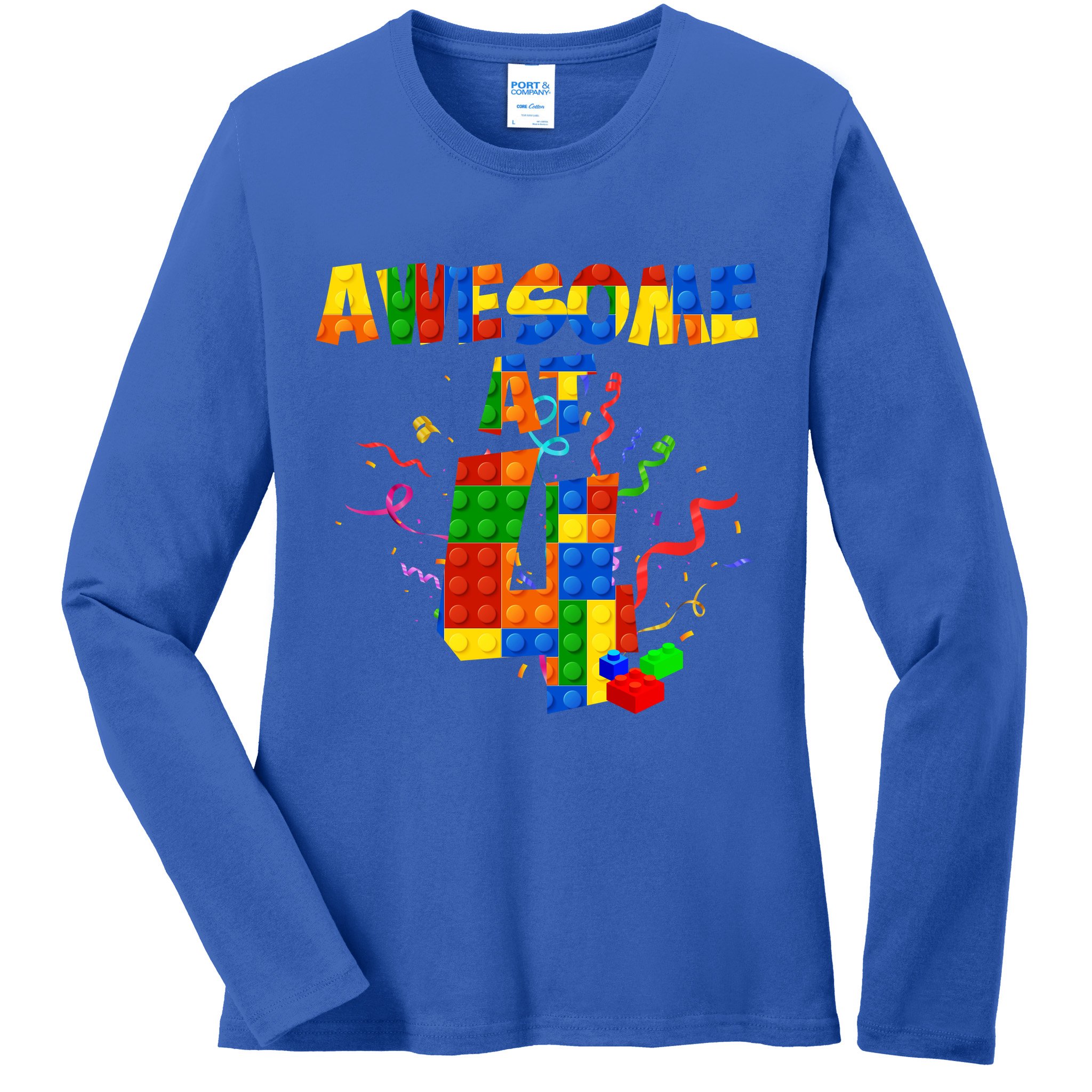 Awesome At 4 Cute Birthday Building Blocks Ladies Long Sleeve Shirt