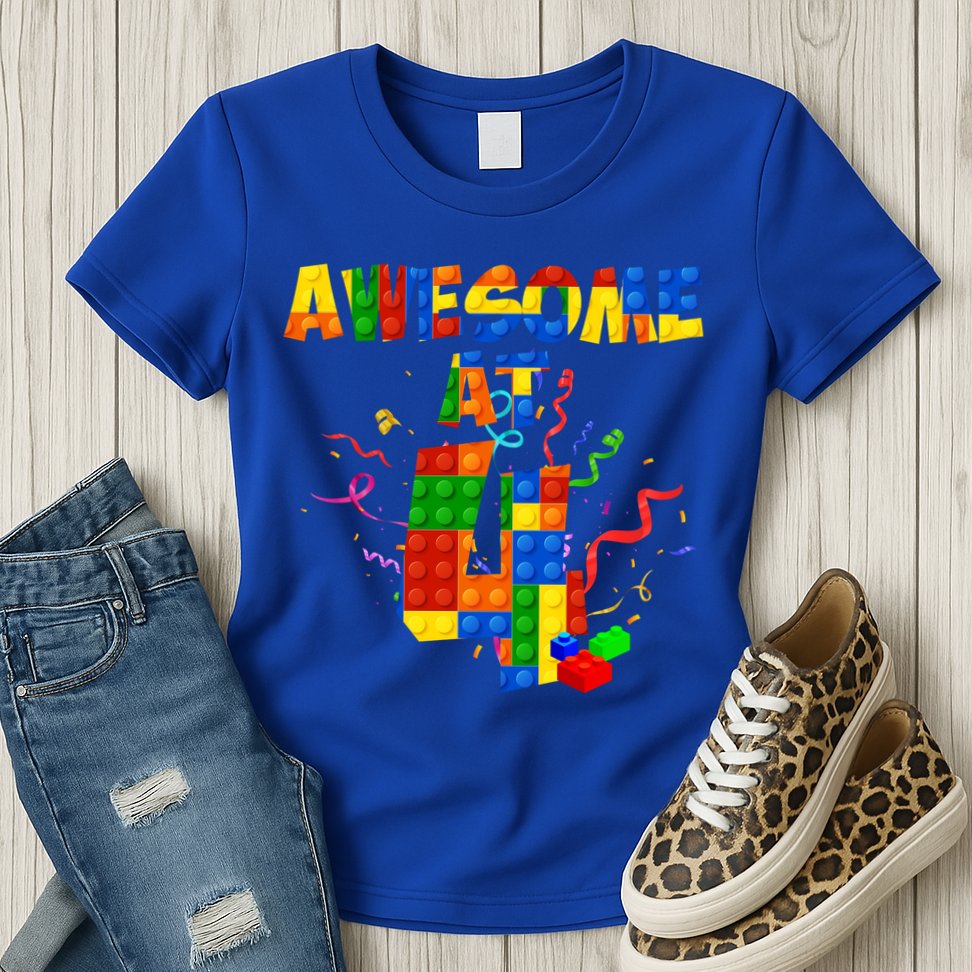 Awesome At 4 Cute Birthday Building Blocks Womens T-Shirt