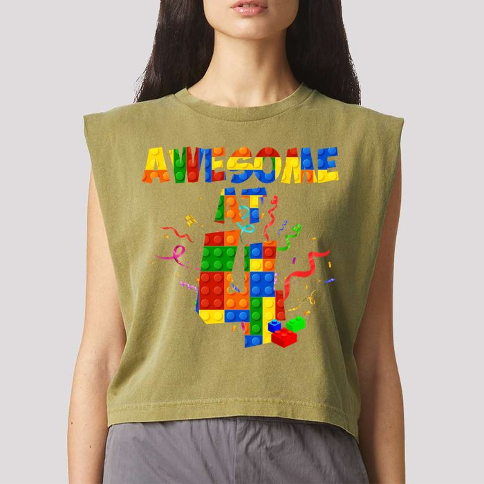 Awesome At 4 Cute Birthday Building Blocks Garment-Dyed Women's Muscle Tee