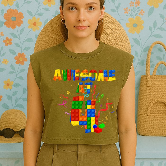 Awesome At 4 Cute Birthday Building Blocks Garment-Dyed Women's Muscle Tee