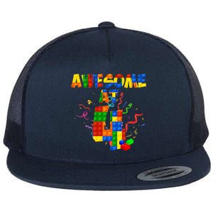 Awesome At 4 Cute Birthday Building Blocks Flat Bill Trucker Hat