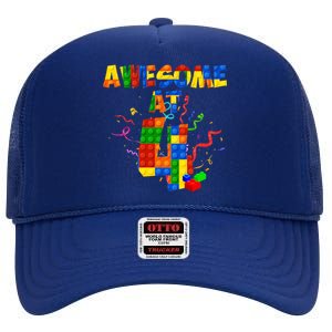 Awesome At 4 Cute Birthday Building Blocks High Crown Mesh Back Trucker Hat