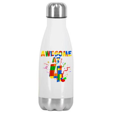 Awesome At 4 Cute Birthday Building Blocks Stainless Steel Insulated Water Bottle