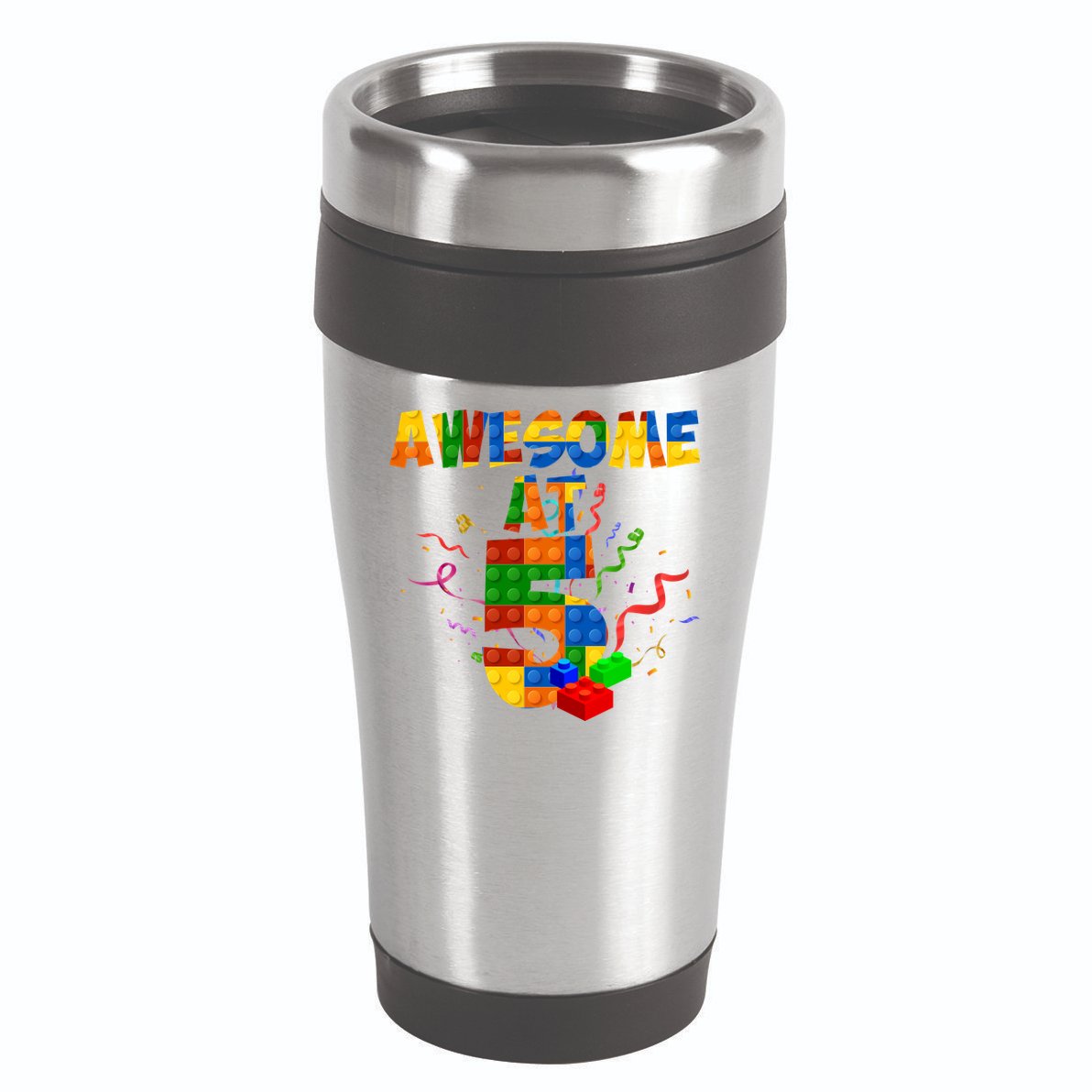 Awesome At 5 Cute Birthday Building Blocks 16oz Travel Tumbler