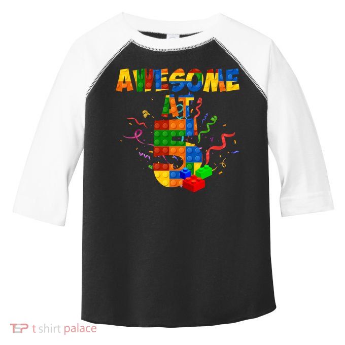 Awesome At 5 Cute Birthday Building Blocks Toddler Fine Jersey T-Shirt