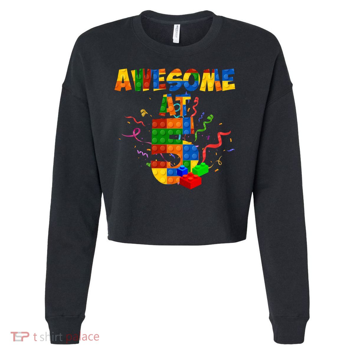 Awesome At 5 Cute Birthday Building Blocks Cropped Pullover Crew