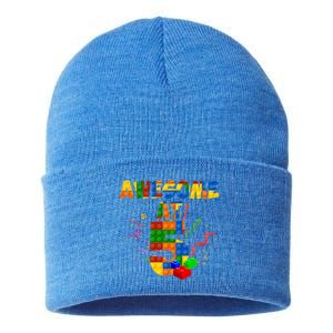 Awesome At 5 Cute Birthday Building Blocks Sustainable Knit Beanie