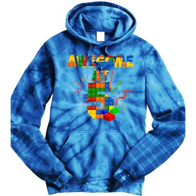 Awesome At 5 Cute Birthday Building Blocks Tie Dye Hoodie