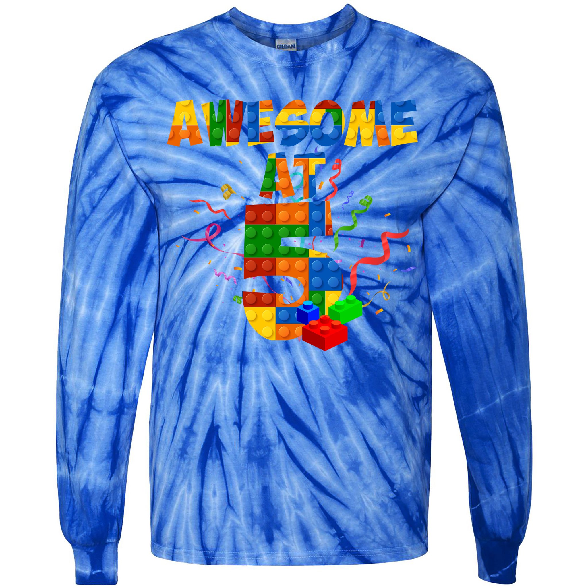Awesome At 5 Cute Birthday Building Blocks Tie-Dye Long Sleeve Shirt