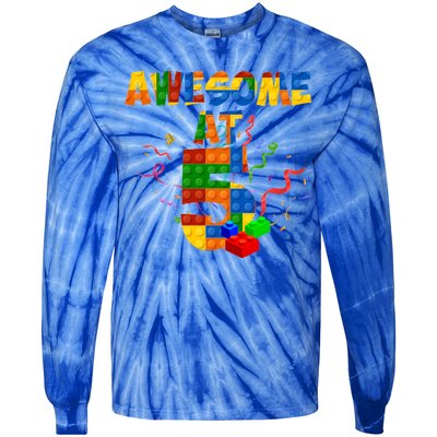 Awesome At 5 Cute Birthday Building Blocks Tie-Dye Long Sleeve Shirt