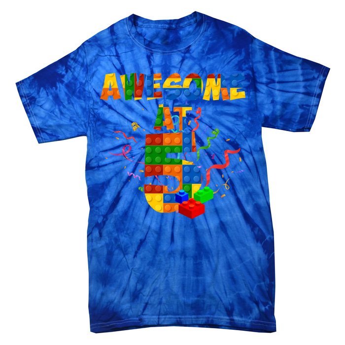 Awesome At 5 Cute Birthday Building Blocks Tie-Dye T-Shirt