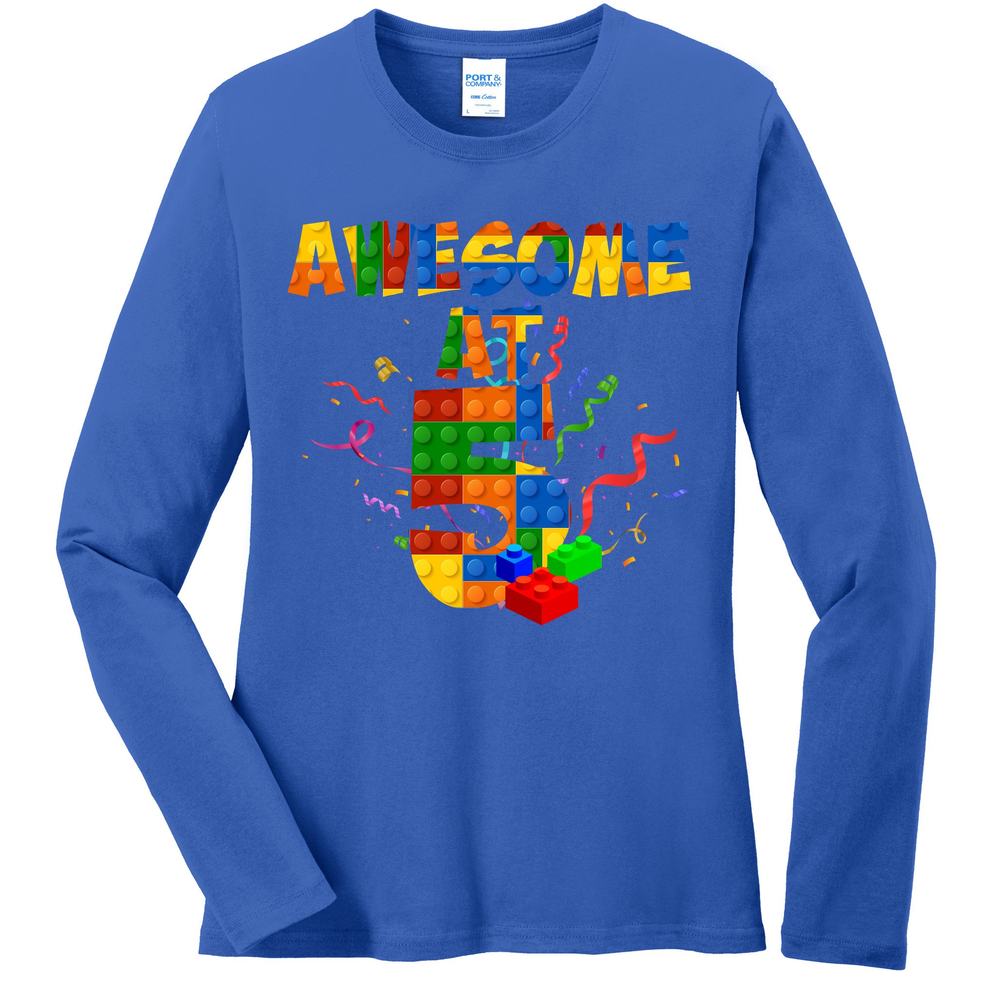 Awesome At 5 Cute Birthday Building Blocks Ladies Long Sleeve Shirt