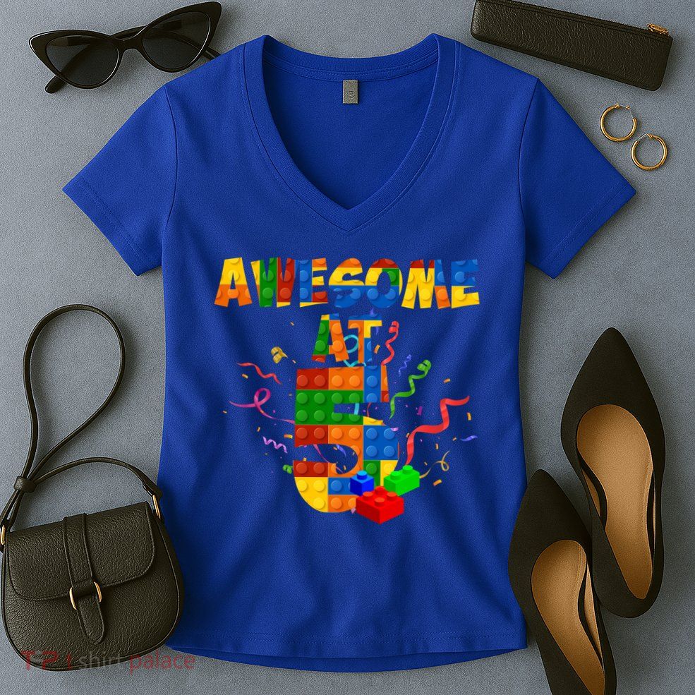 Awesome At 5 Cute Birthday Building Blocks Women's V-Neck T-Shirt