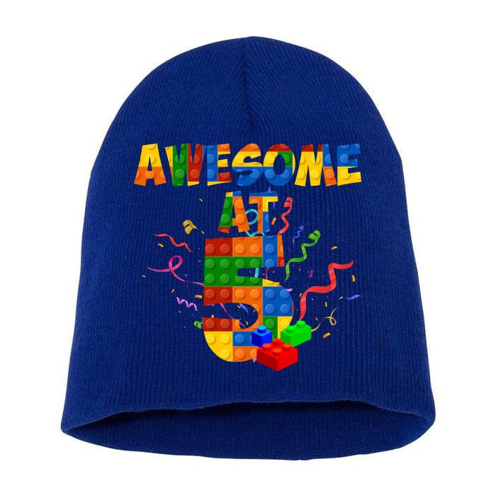 Awesome At 5 Cute Birthday Building Blocks Short Acrylic Beanie