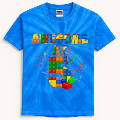 Awesome At 5 Cute Birthday Building Blocks Kids Tie-Dye T-Shirt