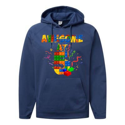 Awesome At 5 Cute Birthday Building Blocks Performance Fleece Hoodie