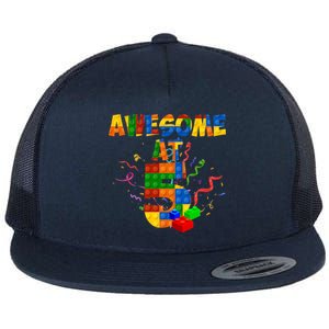 Awesome At 5 Cute Birthday Building Blocks Flat Bill Trucker Hat