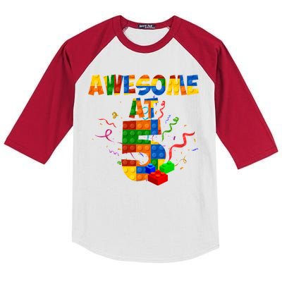 Awesome At 5 Cute Birthday Building Blocks Kids Colorblock Raglan Jersey