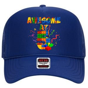 Awesome At 5 Cute Birthday Building Blocks High Crown Mesh Back Trucker Hat