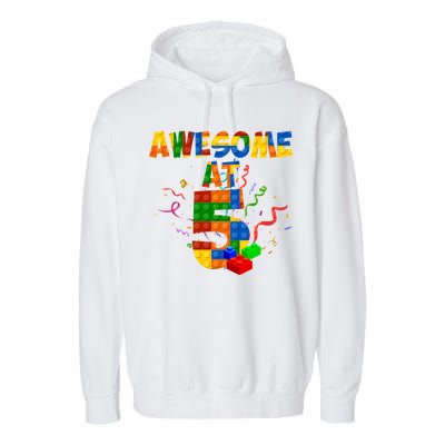 Awesome At 5 Cute Birthday Building Blocks Garment-Dyed Fleece Hoodie