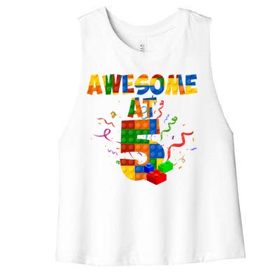 Awesome At 5 Cute Birthday Building Blocks Women's Racerback Cropped Tank