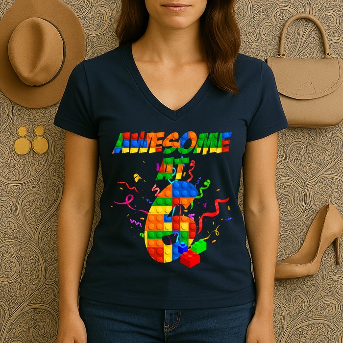 Awesome At 6 Cute Birthday Building Blocks  Women's V-Neck T-Shirt