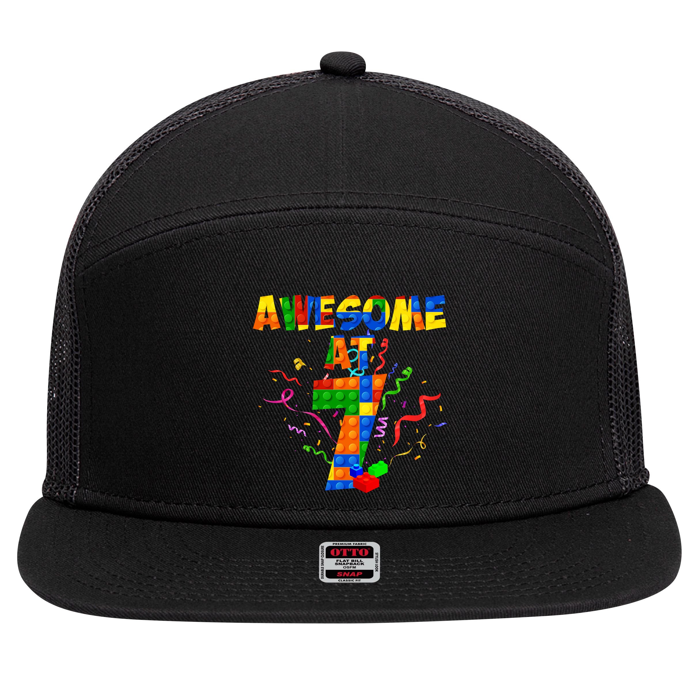 Awesome At 7 Cute Birthday Building Blocks 7 Panel Mesh Trucker Snapback Hat
