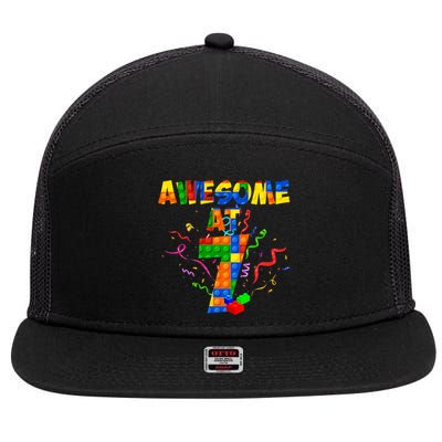 Awesome At 7 Cute Birthday Building Blocks 7 Panel Mesh Trucker Snapback Hat