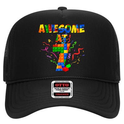 Awesome At 7 Cute Birthday Building Blocks High Crown Mesh Back Trucker Hat