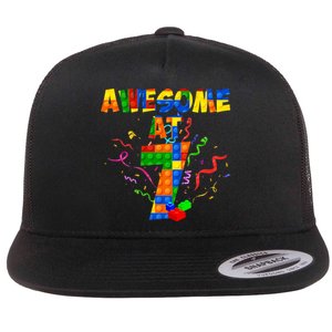 Awesome At 7 Cute Birthday Building Blocks Flat Bill Trucker Hat