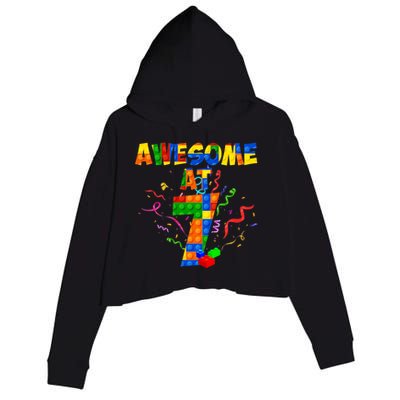 Awesome At 7 Cute Birthday Building Blocks Crop Fleece Hoodie