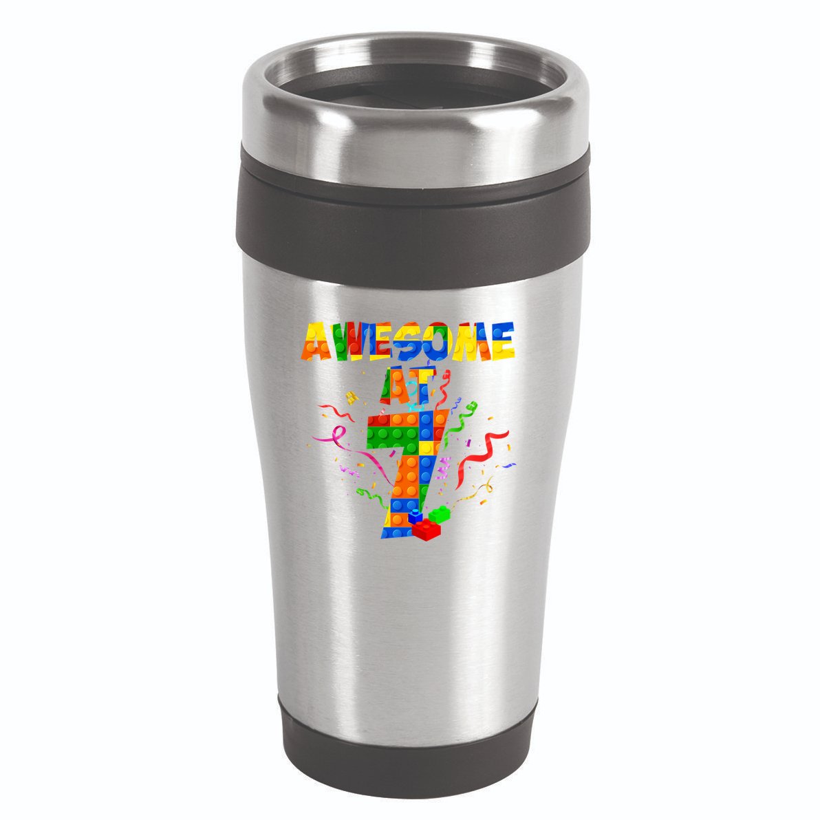 Awesome At 7 Cute Birthday Building Blocks 16oz Travel Tumbler