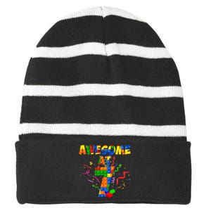 Awesome At 7 Cute Birthday Building Blocks Striped Beanie with Solid Band