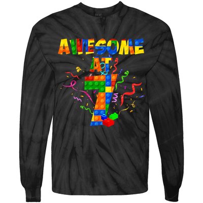 Awesome At 7 Cute Birthday Building Blocks Tie-Dye Long Sleeve Shirt