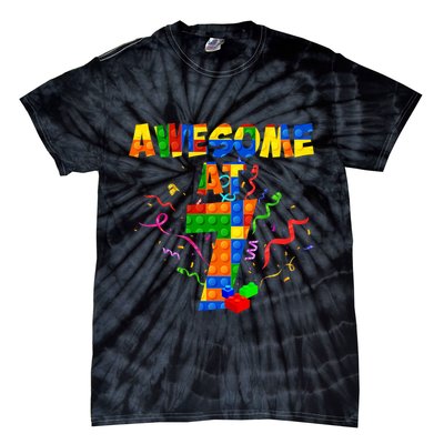 Awesome At 7 Cute Birthday Building Blocks Tie-Dye T-Shirt