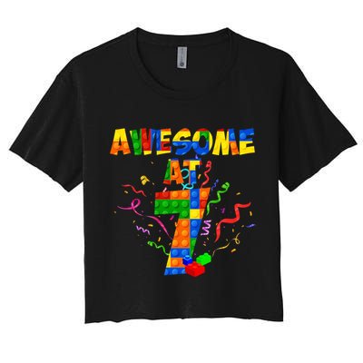 Awesome At 7 Cute Birthday Building Blocks Crop Top