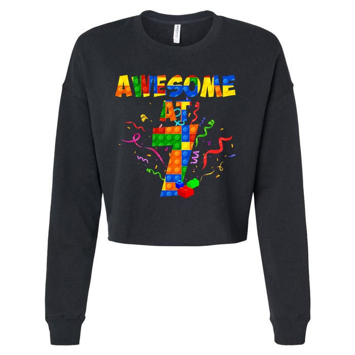 Awesome At 7 Cute Birthday Building Blocks Cropped Pullover Crew